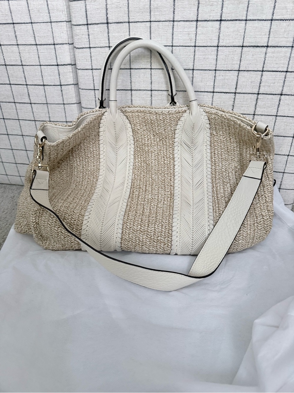 Aimee Kestenberg Natural Straw Tote with Cream Leather Trim